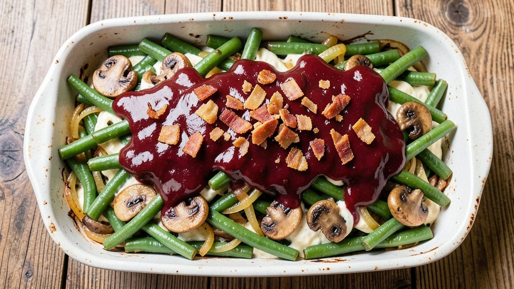 BBQ Green Bean Casserole Recipe: Smoky Bacon Crunch Over Creamy Mushroom Layers